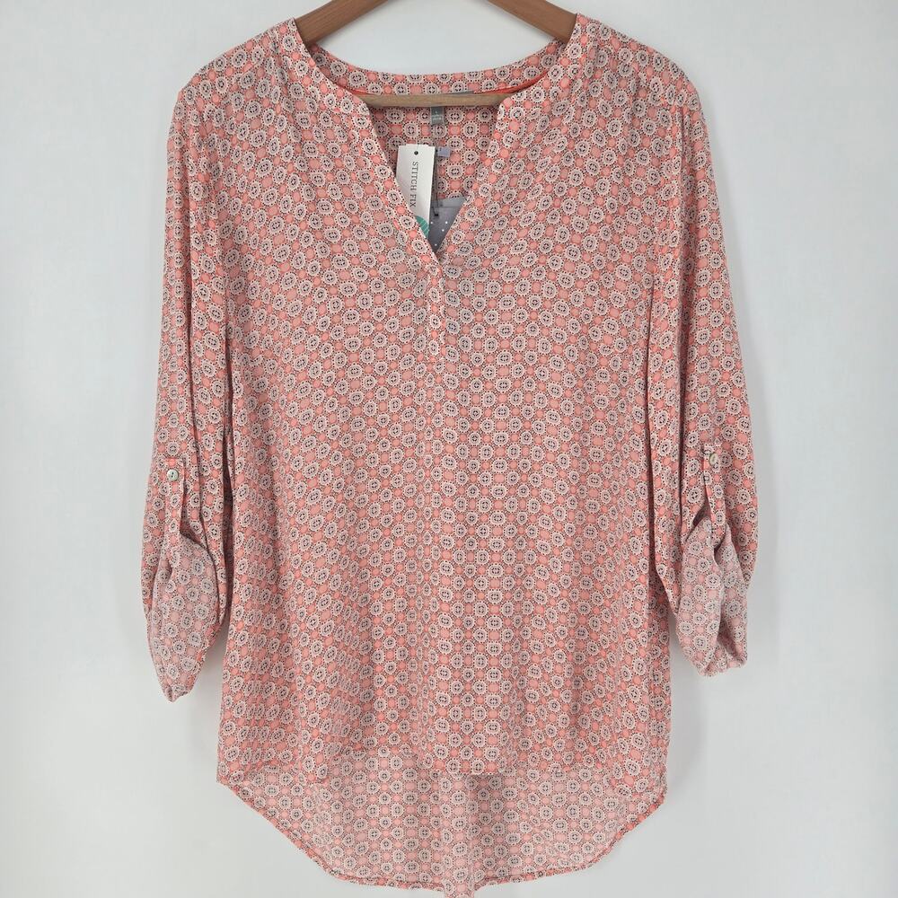 Daniel Rainn Koda Split Neck Blouse Coral Boho Chic Size L
